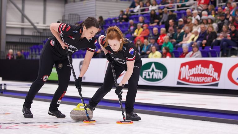 Team Einarson's Val Sweeting (left) and Dawn McEwen (right) sweep a stone during the Champions Cup women's final on Sunday, May 7, 2023, in Regina. (Anil Mungal/GSOC)
