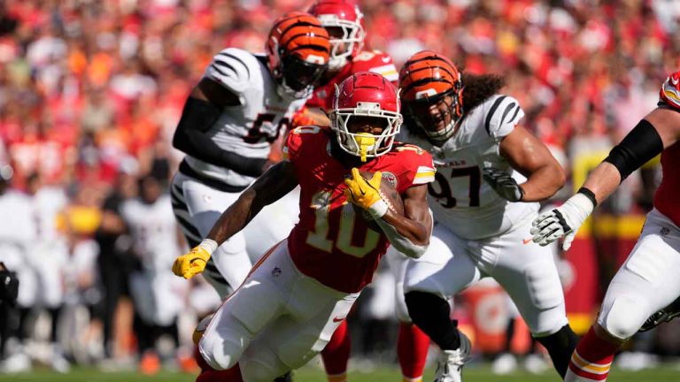 Kansas City Chiefs running back Isiah Pacheco (10) runs with the ball during the first half of an NFL football game against the Cincinnati Bengals. (Ed Zurga/AP)