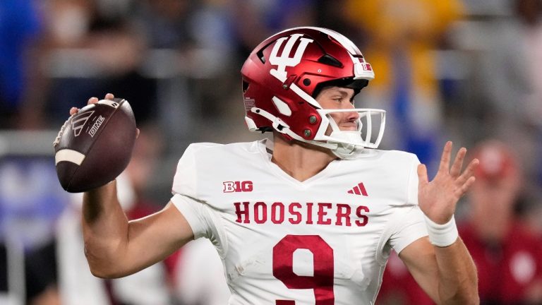 Indiana quarterback Kurtis Rourke passes during the second half of an NCAA college football game against UCLA, Saturday, Sept. 14, 2024, in Pasadena, Calif. (Mark J. Terrill/AP)