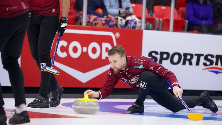 Yannick Schwaller shoots a stone during the Co-op Canadian Open quarterfinals on Saturday, Jan. 20, 2024, in Red Deer, Alta. (Anil Mungal/GSOC)