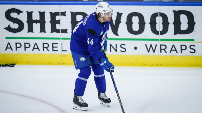 Vancouver Canucks' Kiefer Sherwood prepares to pass during the opening day of the NHL hockey team's training camp, in Penticton, B.C., on Thursday, September 19, 2024. (Darryl Dyck/CP)