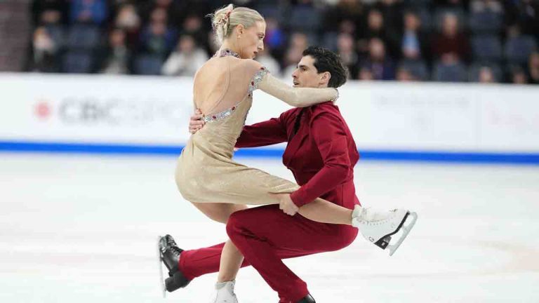 Ice dancers Piper Gilles and Paul Poirier of Canada compete in the free dance event at the Skate Canada International figure skating competition in Halifax on Sunday, Oct. 27, 2024. (Darren Calabrese/CP)