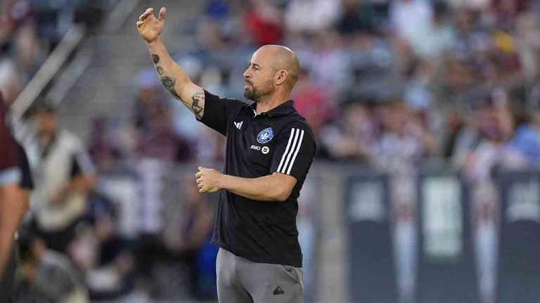 CF Montreal head coach Laurent Courtois in the first half of an MLS soccer match, in Commerce City, Colo., Saturday, June 22, 2024. THE CANADIAN PRESS/AP-David Zalubowski