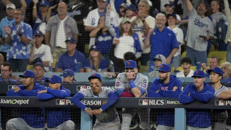 New York Mets react to their loss against the Los Angeles Dodgers in Game 6 of a baseball NL Championship Series, Sunday, Oct. 20, 2024, in Los Angeles. The Dodgers will face the New York Yankees in the World Series. (Ashley Landis/AP)