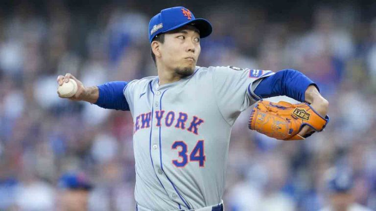 New York Mets pitcher Kodai Senga throws against the Los Angeles Dodgers during the first inning in Game 1 of a baseball NL Championship Series, Sunday, Oct. 13, 2024, in Los Angeles. (Ashley Landis/AP)