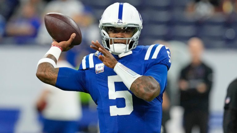 Indianapolis Colts quarterback Anthony Richardson (5) warms up before an NFL football game against the Pittsburgh Steelers Sunday, Sept. 29, 2024, in Indianapolis. (Darron Cummings/AP)