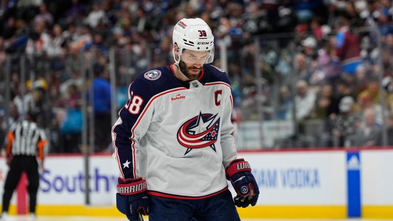 Columbus Blue Jackets center Boone Jenner (38) in the second period of an NHL hockey game Friday, March 22, 2024, in Denver. (AP/David Zalubowski)