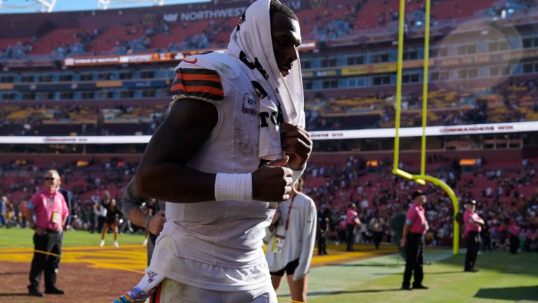 Cleveland Browns quarterback Deshaun Watson leaves the field after an NFL football game against the Washington Commanders in Landover, Md., Sunday, Oct. 6, 2024. (Stephanie Scarbrough/AP)
