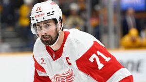 Detroit Red Wings center Dylan Larkin (71) plays against the Nashville Predators during the first period of an NHL hockey game Saturday, March 23, 2024, in Nashville, Tenn. (AP Photo/Mark Zaleski)