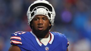 Buffalo Bills defensive tackle Ed Oliver warms up before the first half of an NFL game against the Jacksonville Jaguars in Orchard Park, N.Y., Monday Sept. 23, 2024. (Jeffrey T. Barnes/AP) 