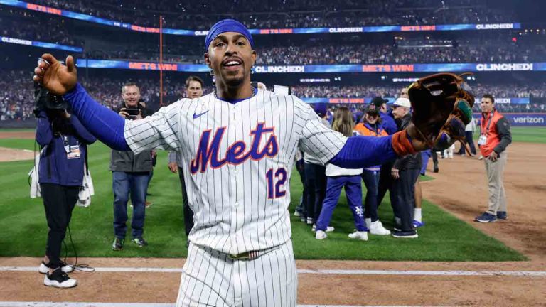 New York Mets shortstop Francisco Lindor celebrates after the Mets beat the Philadelphia Phillies in Game 4 of the National League playoff series, Wednesday, Oct. 9, 2024, in New York. (Adam Hunger/AP)