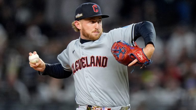 Cleveland Guardians starting pitcher Tanner Bibee throws against the New York Yankees during the first inning in Game 2 of the baseball AL Championship Series Tuesday, Oct. 15, 2024, in New York. (Frank Franklin II/AP) 