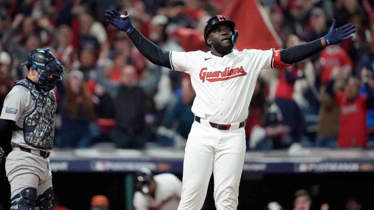 Cleveland Guardians' Jhonkensy Noel celebrates after hitting a two-run home run against the New York Yankees during the ninth inning in Game 3 of the baseball AL Championship Series Thursday, Oct. 17, 2024, in Cleveland. (Godofredo Vásquez/AP)