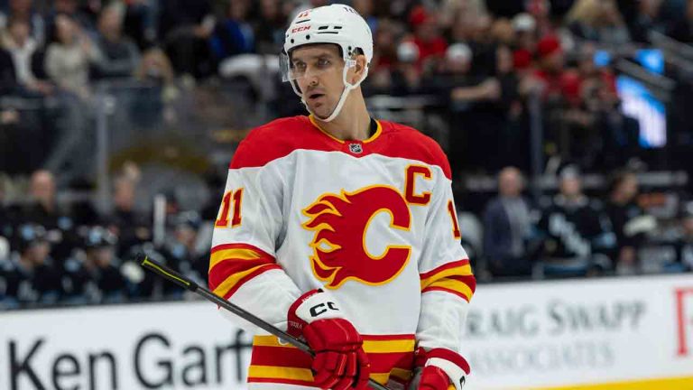 Calgary Flames centre Mikael Backlund on the ice plays in his 1,000th game against Utah Hockey Club during the third period of an NHL hockey game, Wednesday, Oct. 30, 2024, in Salt Lake City. (Melissa Majchrzak/AP)