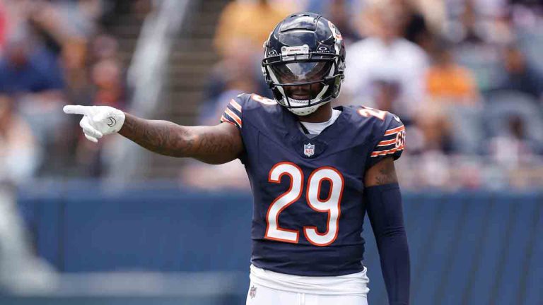 Chicago Bears cornerback Tyrique Stevenson (29) signals during the first half of an NFL pre-season football game against the Cincinnati Bengals, Saturday, Aug. 17, 2024, in Chicago. (Kamil Krzaczynski/AP)