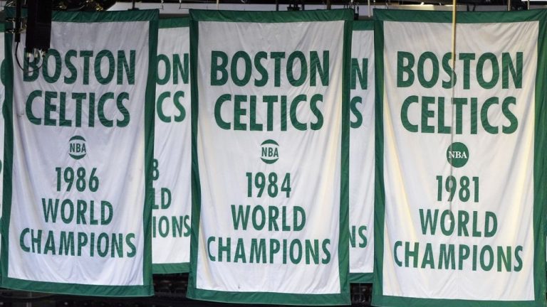 Boston Celtics basketball banners are seen in the rafters at TD Garden, Wednesday, March. 27, 2024, in Boston. (Michael Dwyer/AP Photo)
