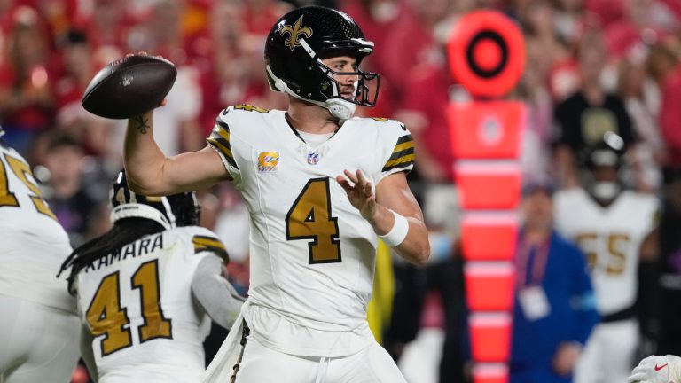 New Orleans Saints quarterback Derek Carr throws during the first half of an NFL football game against the Kansas City Chiefs Monday, Oct. 7, 2024, in Kansas City, Mo. (Ed Zurga/AP)