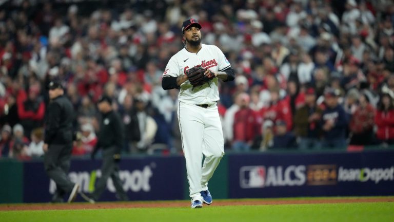 Cleveland Guardians pitcher Emmanuel Clase walks toward the dugout after throwing against the New York Yankees during the ninth inning in Game 4 of the baseball AL Championship Series Friday, Oct. 18, 2024, in Cleveland. (Sue Ogrocki/AP)