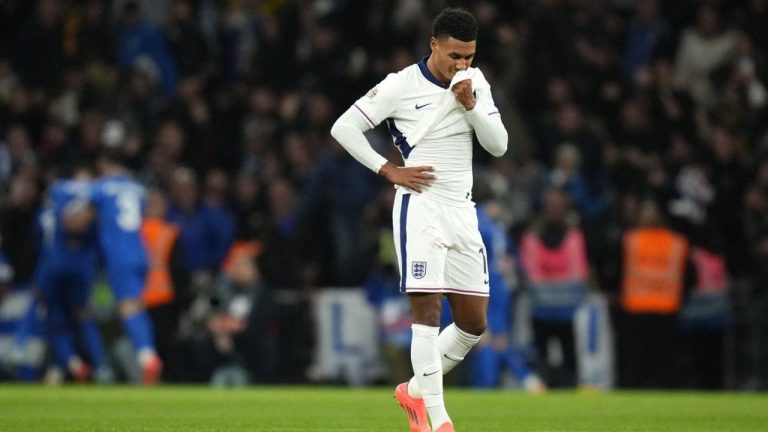 England's Ollie Watkins reacts after Greece's Vangelis Pavlidis scored his side's second goal during the UEFA Nations League Group F soccer match between England and Greece at Wembley Stadium in London, Thursday, Oct. 10, 2024. (Kirsty Wigglesworth/AP Photo)