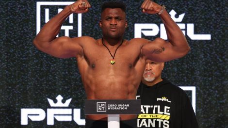 MMA-lineal-heavyweight-champion-Francis-Ngannou-at-his-first-PFL-weigh-in