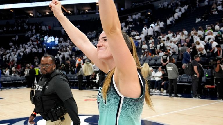 New York Liberty guard Sabrina Ionescu celebrates after Game 3 of a WNBA basketball final playoff series against the Minnesota Lynx. (AP/Abbie Parr)