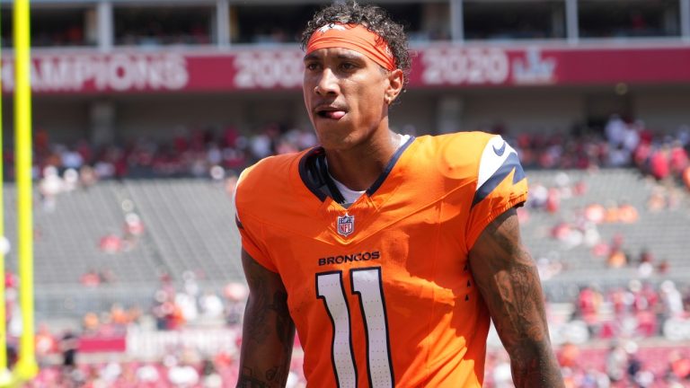 Denver Broncos wide receiver Josh Reynolds (11) jogs to the locket room at half time during an NFL football game against the Tampa Bay Buccaneers, Sunday, Sept. 22, 2024, in Tampa, Fla. (Peter Joneleit/AP)