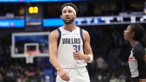Dallas Mavericks guard Klay Thompson (31) looks up from the court during the first half of a preseason NBA basketball game against the Utah Jazz, Thursday, Oct. 10, 2024, in Dallas. (LM Otero/AP Photo)
