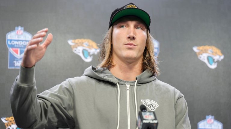 Jacksonville Jaguars quarterback Trevor Lawrence attends a press conference after an NFL football game at the Tottenham Hotspur stadium between the Jacksonville Jaguars and Chicago Bears in London, Sunday, Oct. 13, 2024. (Alastair Grant/AP Photo)