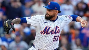 New York Mets pitcher Sean Manaea (59) delivers against the Philadelphia Phillies during the first inning of Game 3 of the National League baseball playoff series. (Frank Franklin II/AP)
