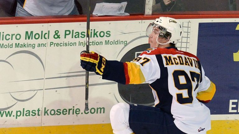 onnor McDavid of the Erie Otters celebrates his hockey goal in the first period against the Plymouth Whalers at Erie Insurance Arena in Erie, Penn. on Oct. 30, 2014. (Erie Times-News, Jack Hanrahan/AP Photo)