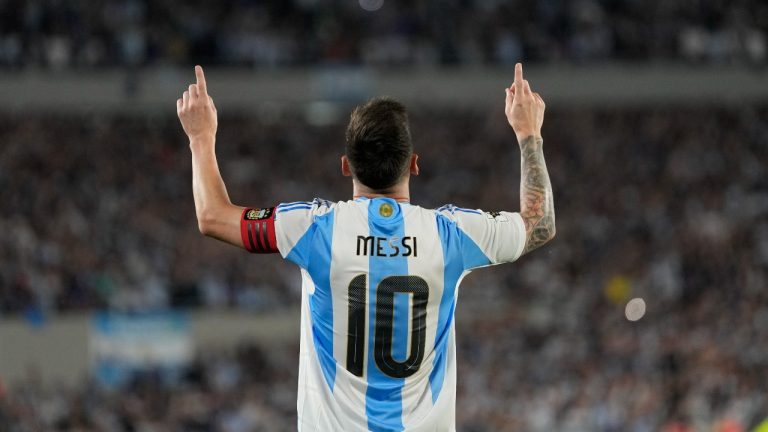 Argentina's Lionel Messi celebrates after scoring his side's opening goal against Bolivia during a World Cup 2026 qualifying soccer match at Monumental stadium in Buenos Aires, Argentina, Tuesday, Oct. 15, 2024. (Natacha Pisarenko/AP)