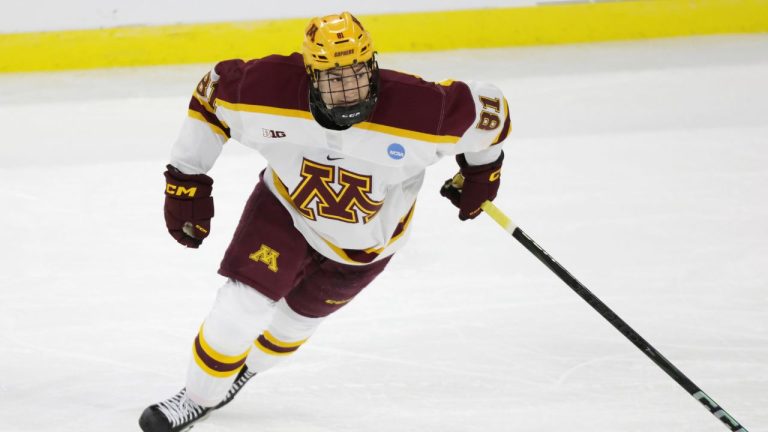 Minnesota forward Jimmy Snuggerud plays against Omaha during an NCAA hockey game on Thursday, March 28, 2024 in Sioux Falls, S.D. (Andy Clayton-King/AP Photo)