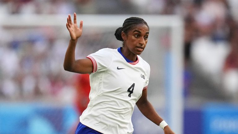 United States' Naomi Girma during a women's Group B soccer match between Australia and the United States, at the Marseille Stadium, at the 2024 Summer Olympics, Wednesday, July 31, 2024, in Marseille, France. (AP/Daniel Cole)