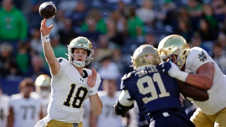 Notre Dame quarterback Steve Angeli (18) passes during the second half of an NCAA college football game against Navy Saturday, Oct. 26, 2024, in East Rutherford, N.J. Notre Dame won 51-14. (Adam Hunger/AP)