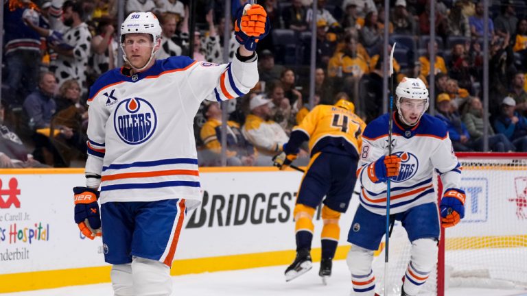 Edmonton Oilers right wing Corey Perry (90) celebrates his goal during the first period of an NHL hockey game against the Nashville Predators, Thursday, Oct. 31, 2024, in Nashville, Tenn. (George Walker IV/AP)