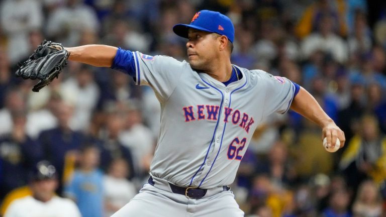 New York Mets pitcher Jose Quintana throws during the first inning of Game 3 of a National League wild card baseball game against the Milwaukee Brewers Thursday, Oct. 3, 2024, in Milwaukee. (Morry Gash/AP Photo)