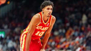 Atlanta Hawks forward Zaccharie Risacher (10) waits to attempt his free throws during the first half of an NBA basketball game against the Brooklyn Nets, Wednesday, Oct. 23, 2024, in Atlanta. (Jason Allen/AP) 