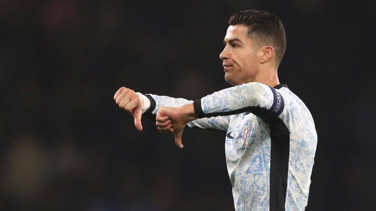 Portugal's Cristiano Ronaldo reacts during the UEFA Nations League soccer match between Scotland and Portugal at Hampden Park in Glasgow, Scotland, Tuesday, Oct. 15, 2024. (Scott Heppell/AP Photo)