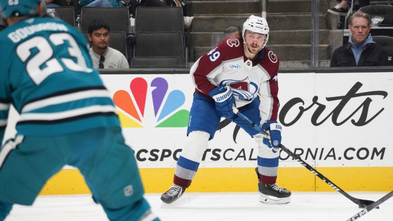Colorado Avalanche defenceman Samuel Girard (49) looks to make a pass during the second period of an NHL hockey game in San Jose, Calif., Sunday, Oct. 20, 2024. (Minh Connors/AP)