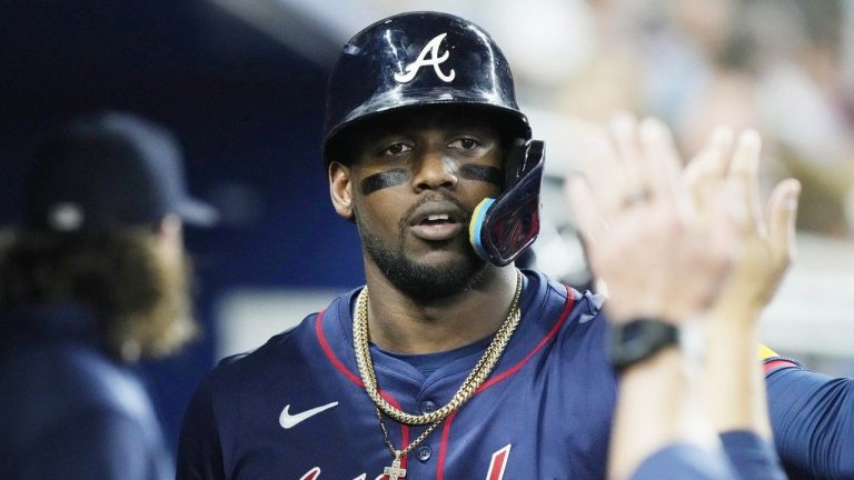FILE - Atlanta Braves' Jorge Soler celebrates after hitting a home run during the second inning of a baseball game against the Miami Marlins. (AP Photo/Marta Lavandier, File)