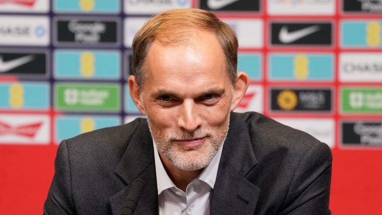 The newly appointed England men's soccer team manager Thomas Tuchel speaks during a press conference held at Wembley Stadium in London, Wednesday, Oct. 16, 2024. (AP/Alberto Pezzali)