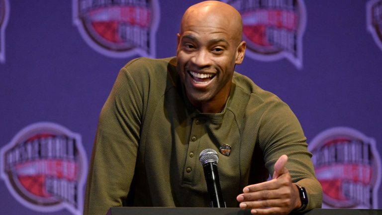 Basketball Hall of Fame Class of 2024 inductee Vince Carter, Saturday, Oct. 12, 2024, in Uncasville, Conn. (AP Photo/Jessica Hill)