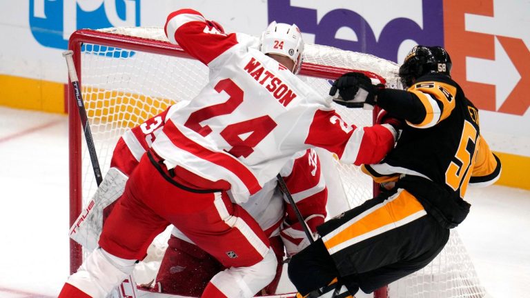 Detroit Red Wings' Austin Watson checks Pittsburgh Penguins' Kris Letang off the puck in front of goaltender Ville Husso, rear, during the third period of a pre-season NHL hockey game in Pittsburgh, Tuesday, Oct. 1, 2024. (Gene J. Puskar/AP Photo)