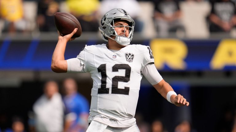 Las Vegas Raiders quarterback Aidan O'Connell (12). (Marcio Jose Sanchez/AP)
