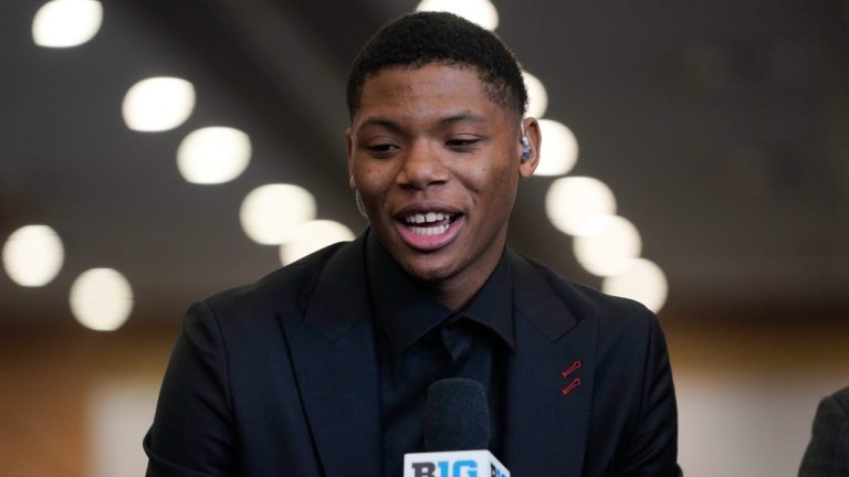 Rutgers' Ace Bailey speaks during the Big Ten men's NCAA college basketball media day Thursday, Oct. 3, 2024, in Rosemont, Ill. (Erin Hooley/AP)