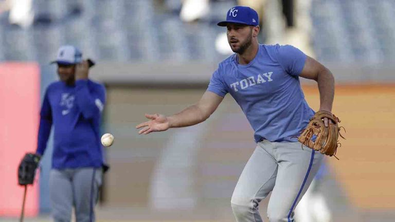 Kansas City Royals shortstop Paul DeJong (15) fields balls during batting practice before Game 1 of the Major League Baseball division series against the New York Yankees, Saturday, Oct. 5, 2024, in New York. (Adam Hunger/AP)