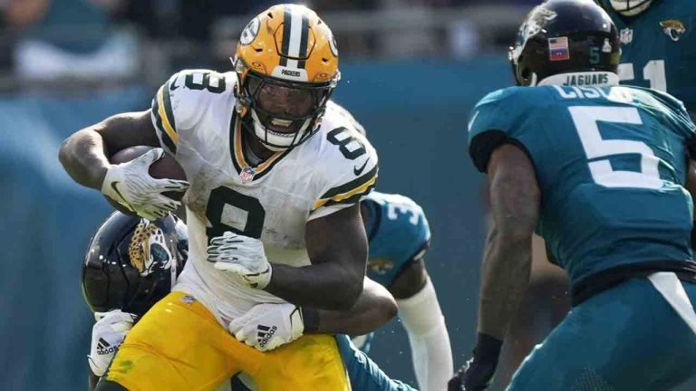 Green Bay Packers' Josh Jacobs runs during the second half of an NFL football game against the Jacksonville Jaguars Sunday, Oct. 27, 2024, in Jacksonville, Fla. (John Bazemore/AP)