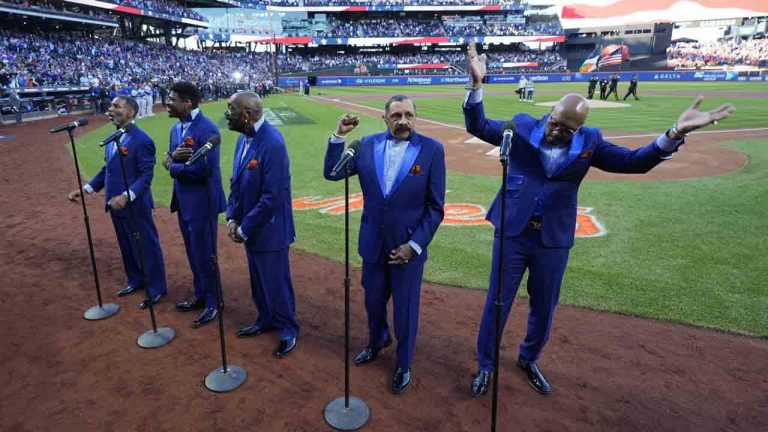The Temptations perform before Game 5 of a baseball NL Championship Series between the Los Angeles Dodgers and the New York Mets, Friday, Oct. 18, 2024, in New York. (Frank Franklin II/AP)