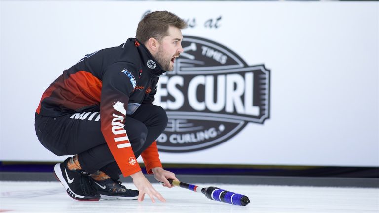 Matt Dunstone calls out to his sweepers during the HearingLife Tour Challenge quarterfinals on Saturday, Oct. 5, 2024, in Charlottetown. (Anil Mungal/GSOC)