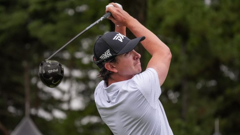 Nico Echavarria of Colombia hits his tee shot on the 17th hole in the third round of the PGA Tour Zozo Championship at the Narashino Country Club in Inzai on the outskirts of Tokyo, Saturday, Oct. 26, 2024. (Tomohiro Ohsumi/AP)